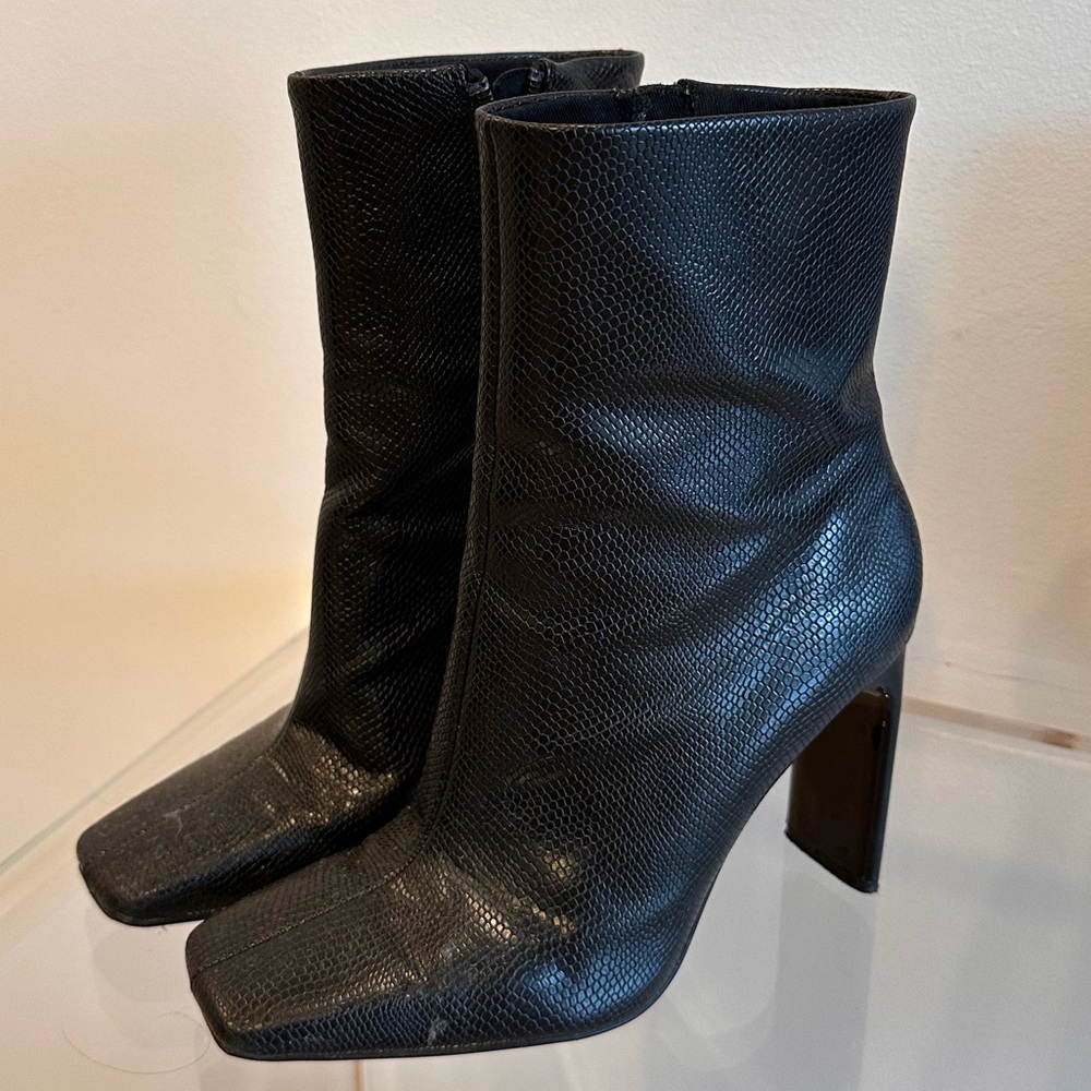 Zara Black Snakeskin Square Toe Boots